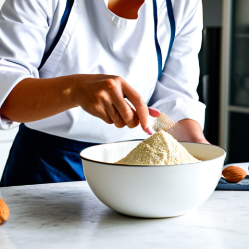 Home 11 A professional baker, female, wearing a clean, modest white chef's jacket and a simple apron, standing at a light wood kitchen island in a modern, brightly lit professional kitchen. Various baking tools and neatly arranged low-carb ingredients like a bag of almond flour, a jar of erythritol, and a small bowl of coconut flour are visible on the counter. She is focused, gently pouring a measured amount of almond flour into a large mixing bowl. Professional photography, high quality, perfect anatomy, correct proportions, natural pose, well-formed hands, proper finger count, natural body proportions, safe for work, appropriate content, fully clothed, modest, professional.