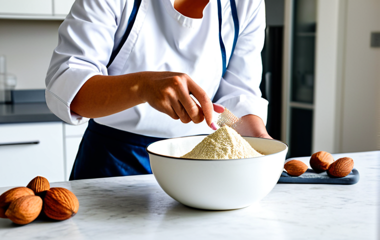 A professional baker, female, wearing a clean, modest white chef's jacket and a simple apron, standing at a light wood kitchen island in a modern, brightly lit professional kitchen. Various baking tools and neatly arranged low-carb ingredients like a bag of almond flour, a jar of erythritol, and a small bowl of coconut flour are visible on the counter. She is focused, gently pouring a measured amount of almond flour into a large mixing bowl. Professional photography, high quality, perfect anatomy, correct proportions, natural pose, well-formed hands, proper finger count, natural body proportions, safe for work, appropriate content, fully clothed, modest, professional.