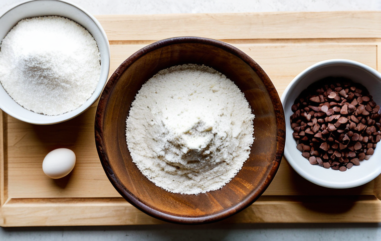 A meticulously arranged flat lay of premium brownie baking ingredients on a clean, light-colored wooden countertop. Focus on a pile of dark chocolate callets (70% cacao), a stick of unsalted butter, a bowl of light brown sugar, a bowl of white granulated sugar, a few fresh eggs in a rustic ceramic bowl, a small sifter with all-purpose flour, and a sprinkle of sea salt. The scene is well-lit with soft, natural light, emphasizing texture and quality. The overall aesthetic is clean, professional food photography. perfect anatomy, correct proportions, natural pose, well-formed hands (if any are visible, though the focus is on ingredients), natural body proportions, safe for work, appropriate content, fully clothed, professional.